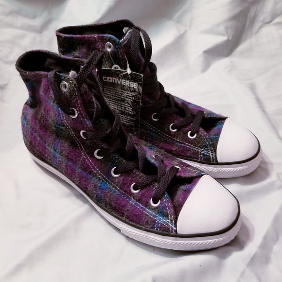 Converse Shoes - Purple Gray Blue Flannel Plaid Converse High Tops